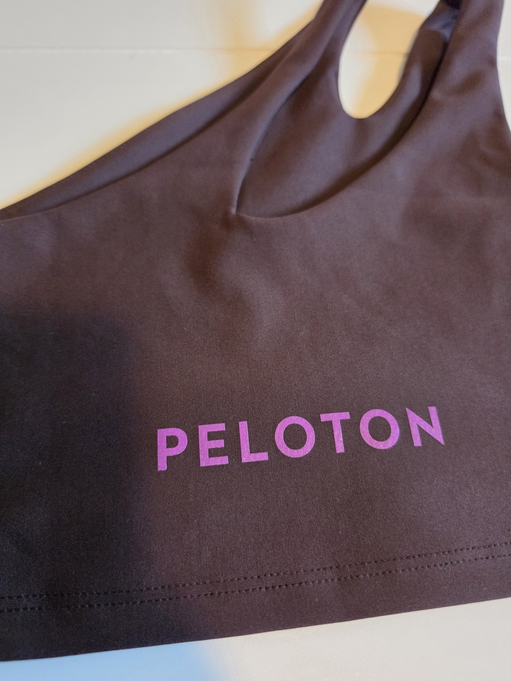 Peloton Chocolate One Shoulder Sports Bra with Purple Logo Womens Small - Picture 2 of 5